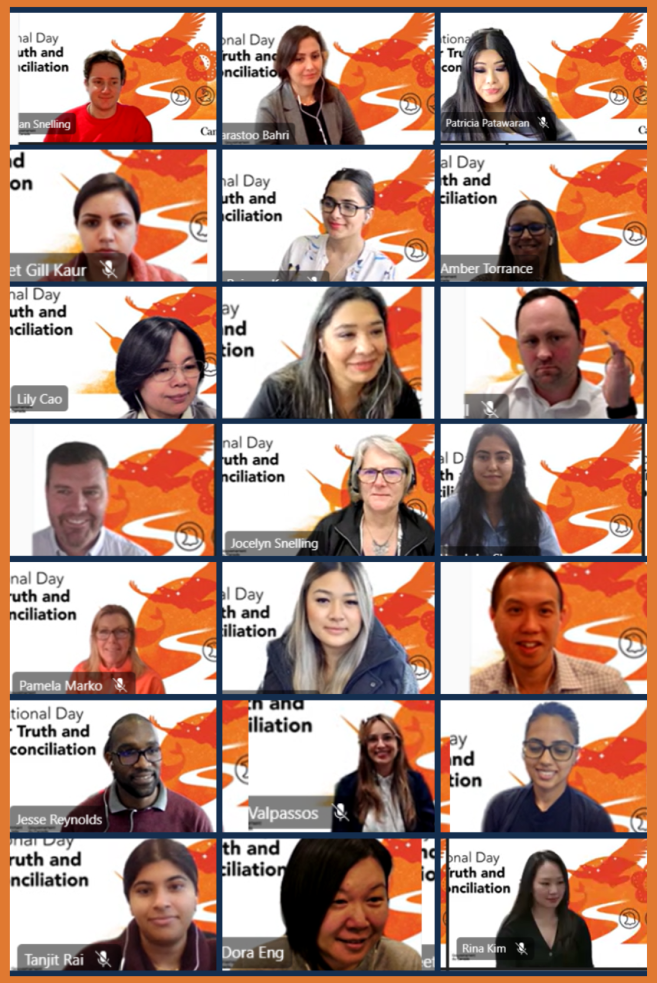 Employees gathered with a Truth and Reconciliation-themed background.