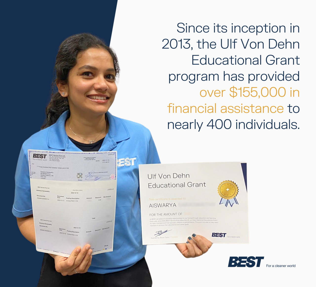 Employee proudly holding a grant certificate.